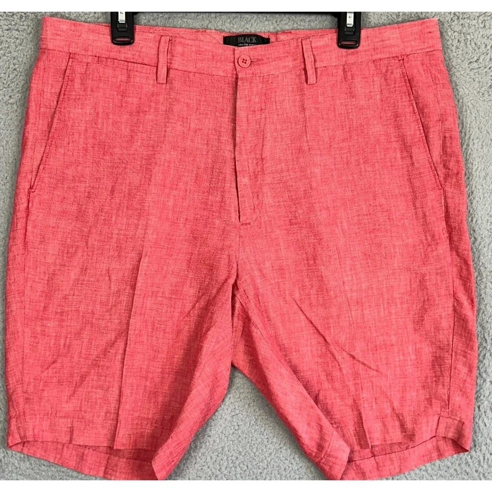 Black Saks Fifth Avenue 100% Linen Shorts Mens 38 Red Casual Flat Front Summer
